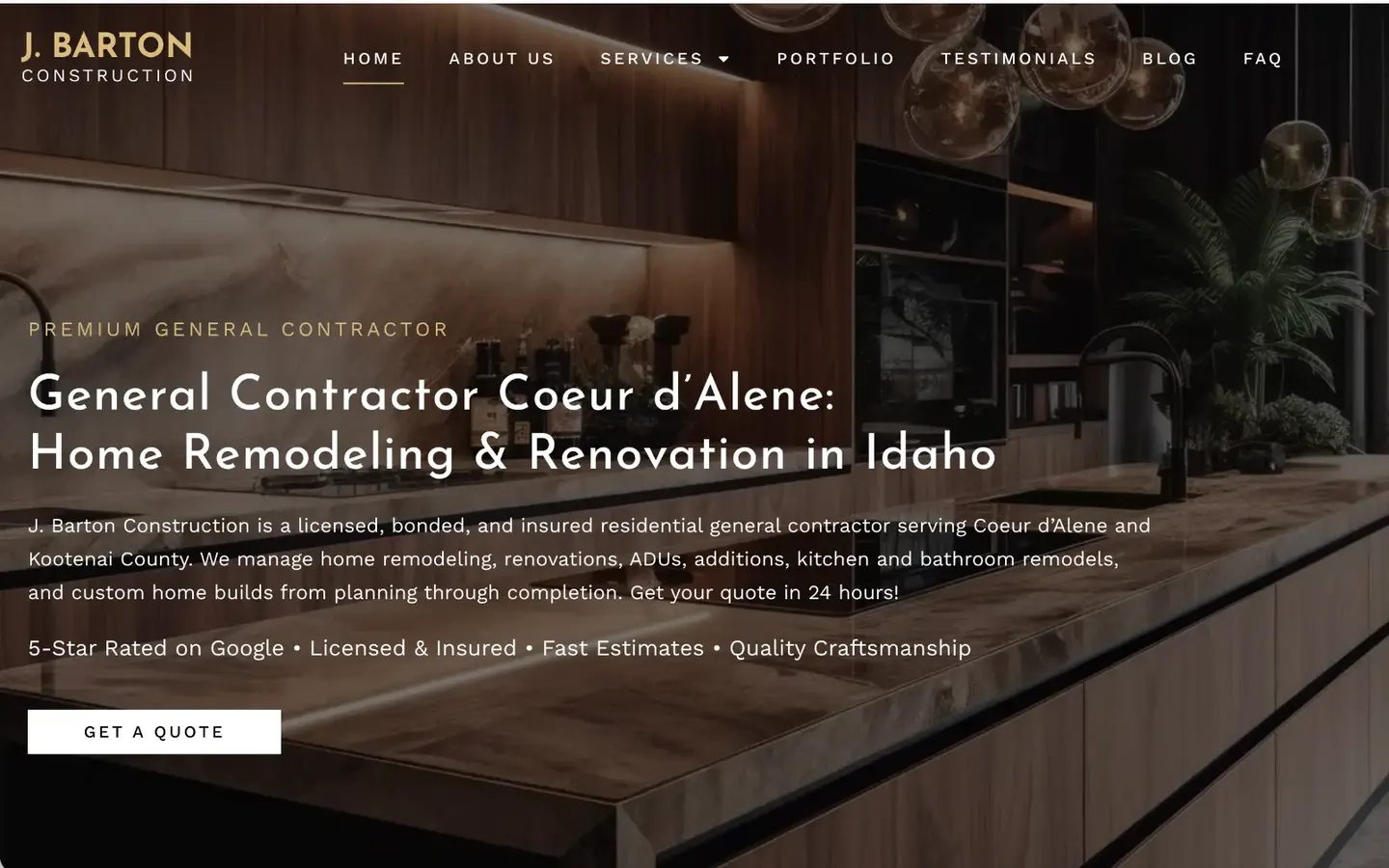 J. Barton Construction website after the rebuild, photographic hero with clear headline and quote button