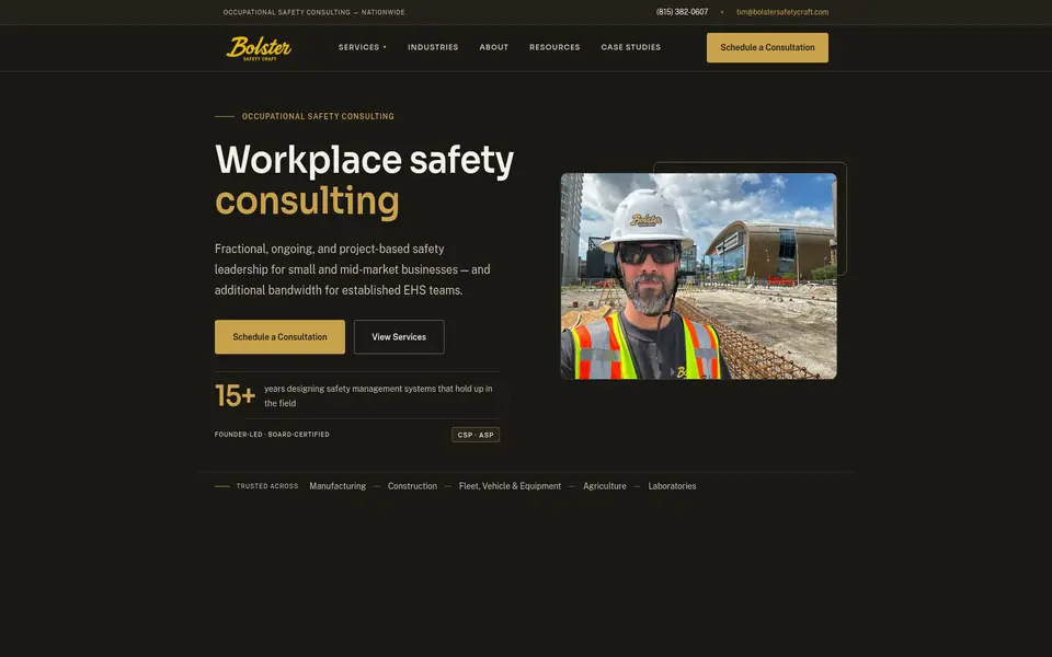 Homepage of the Bolster Safety Craft website built by MxdifyLocal