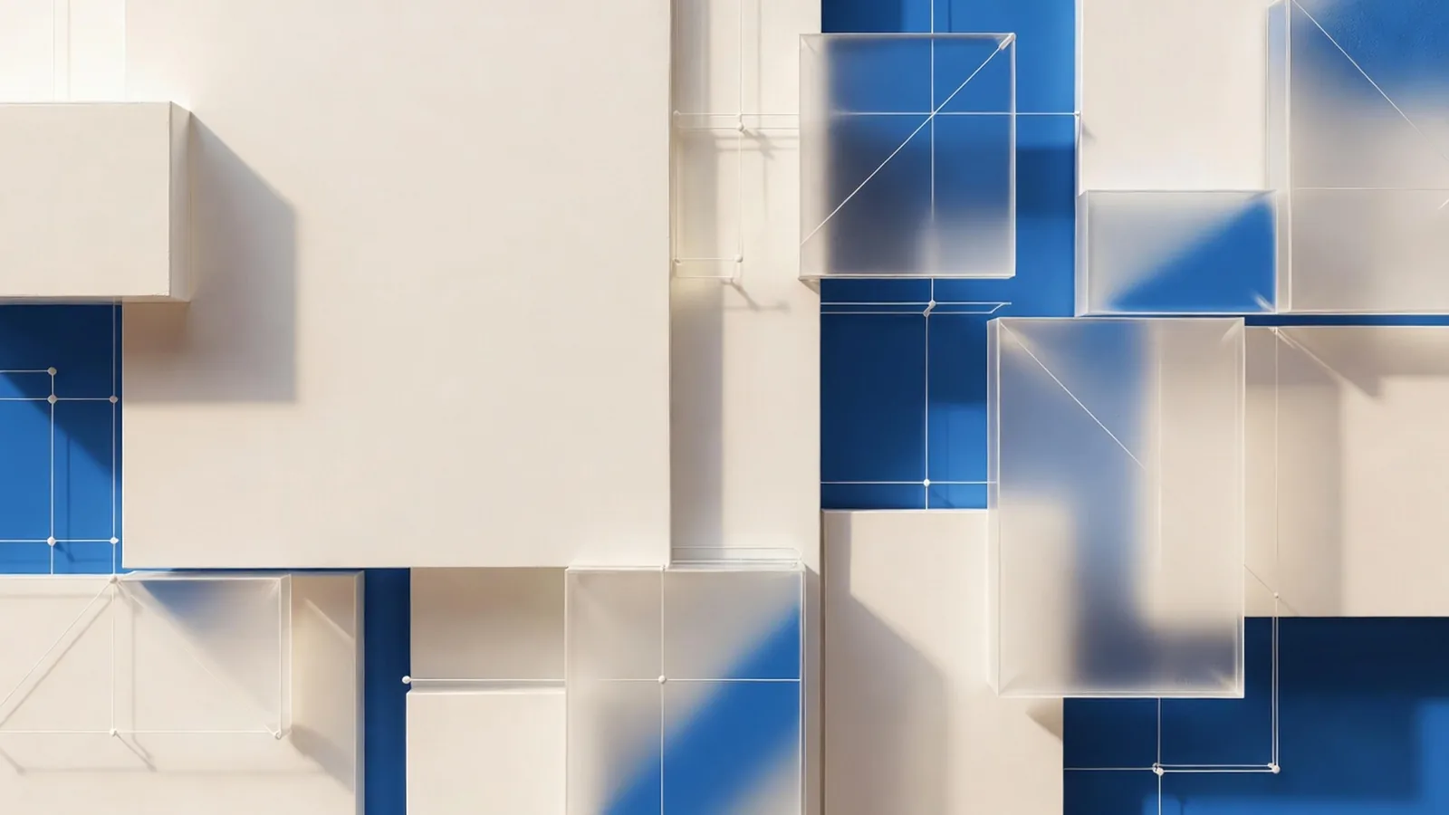 Layered white and blue geometric panels with wireframe lines