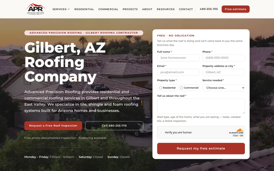 Homepage of the Advanced Precision Roofing website built by MxdifyLocal
